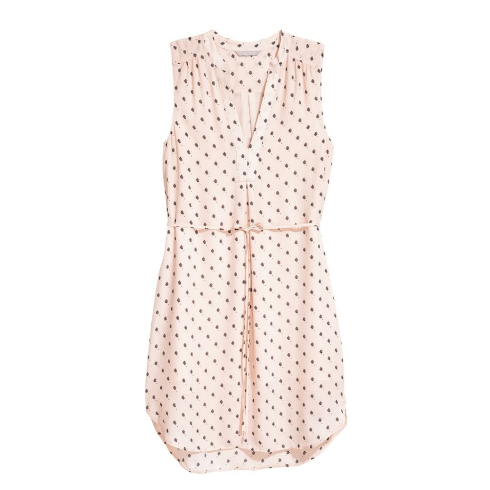 H&M Light Pink Teardrop Print Dress Sz 6 V-Neck Belted Knee Length